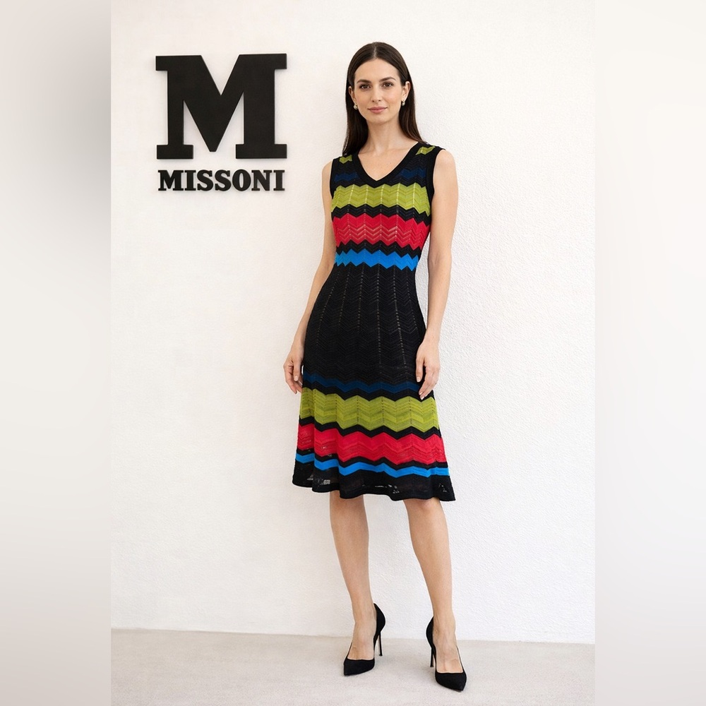 M by MISSONI ZigZag Stretch Knit Sleeveless Midi Dress Black Size Small